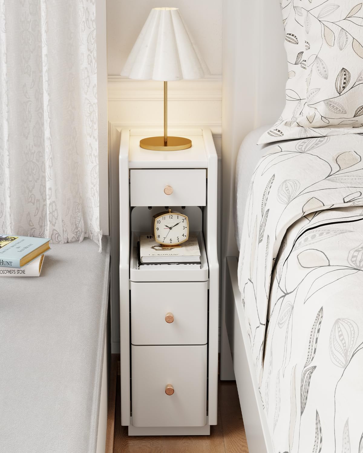 7.87" Narrow Nightstand with 3 Drawers, Solid Wood Skinny Bedside Table, Fully Assembled Modern Slim Side Table for Indoor Small Spaces, Bedroom, Dorm, Natural