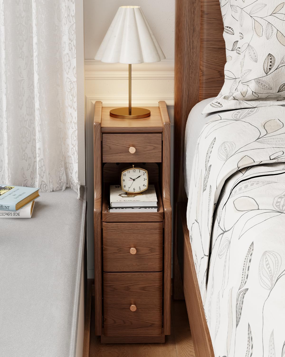 7.87" Narrow Nightstand with 3 Drawers, Solid Wood Skinny Bedside Table, Fully Assembled Modern Slim Side Table for Indoor Small Spaces, Bedroom, Dorm, Natural