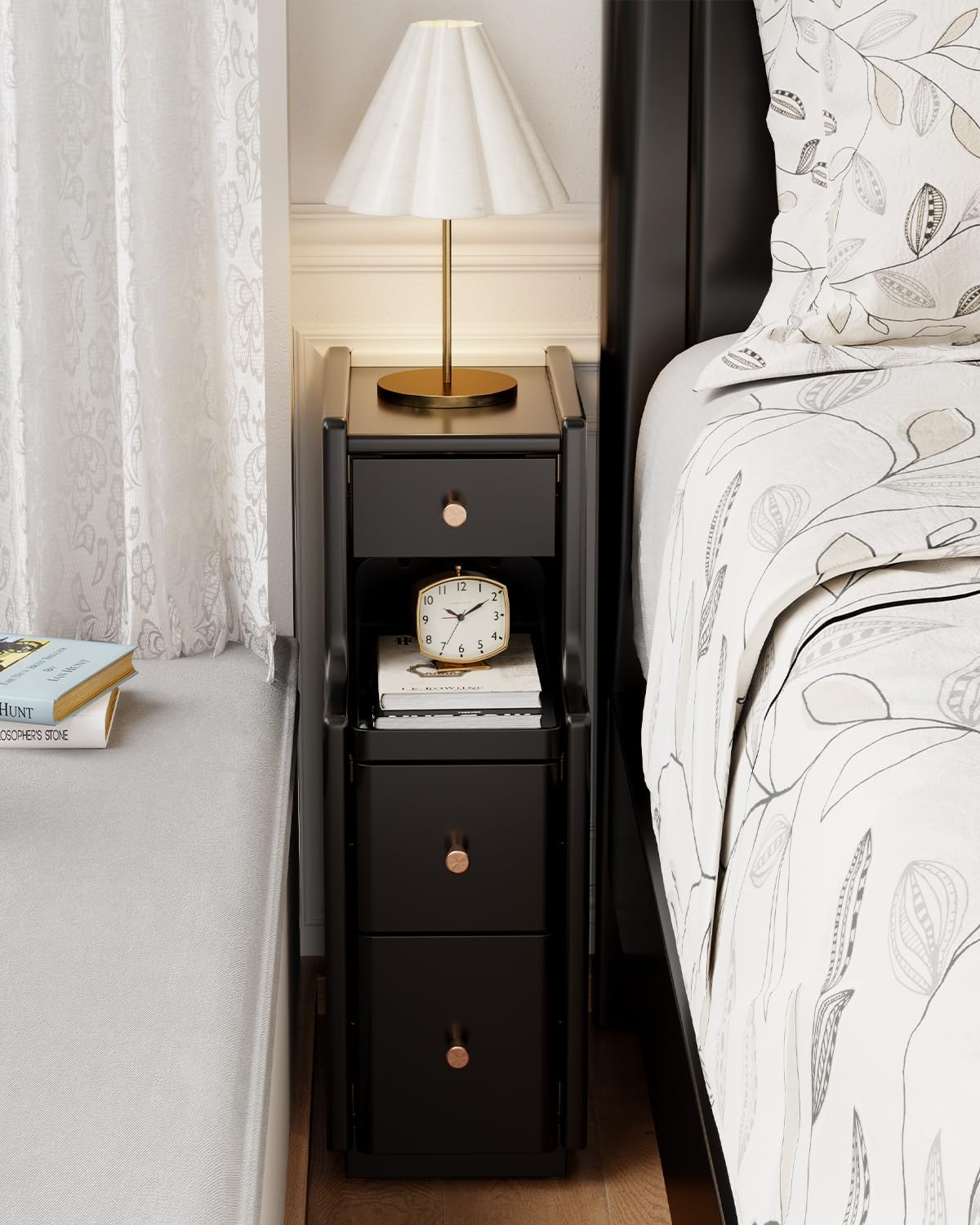 7.87" Narrow Nightstand with 3 Drawers, Solid Wood Skinny Bedside Table, Fully Assembled Modern Slim Side Table for Indoor Small Spaces, Bedroom, Dorm, Natural