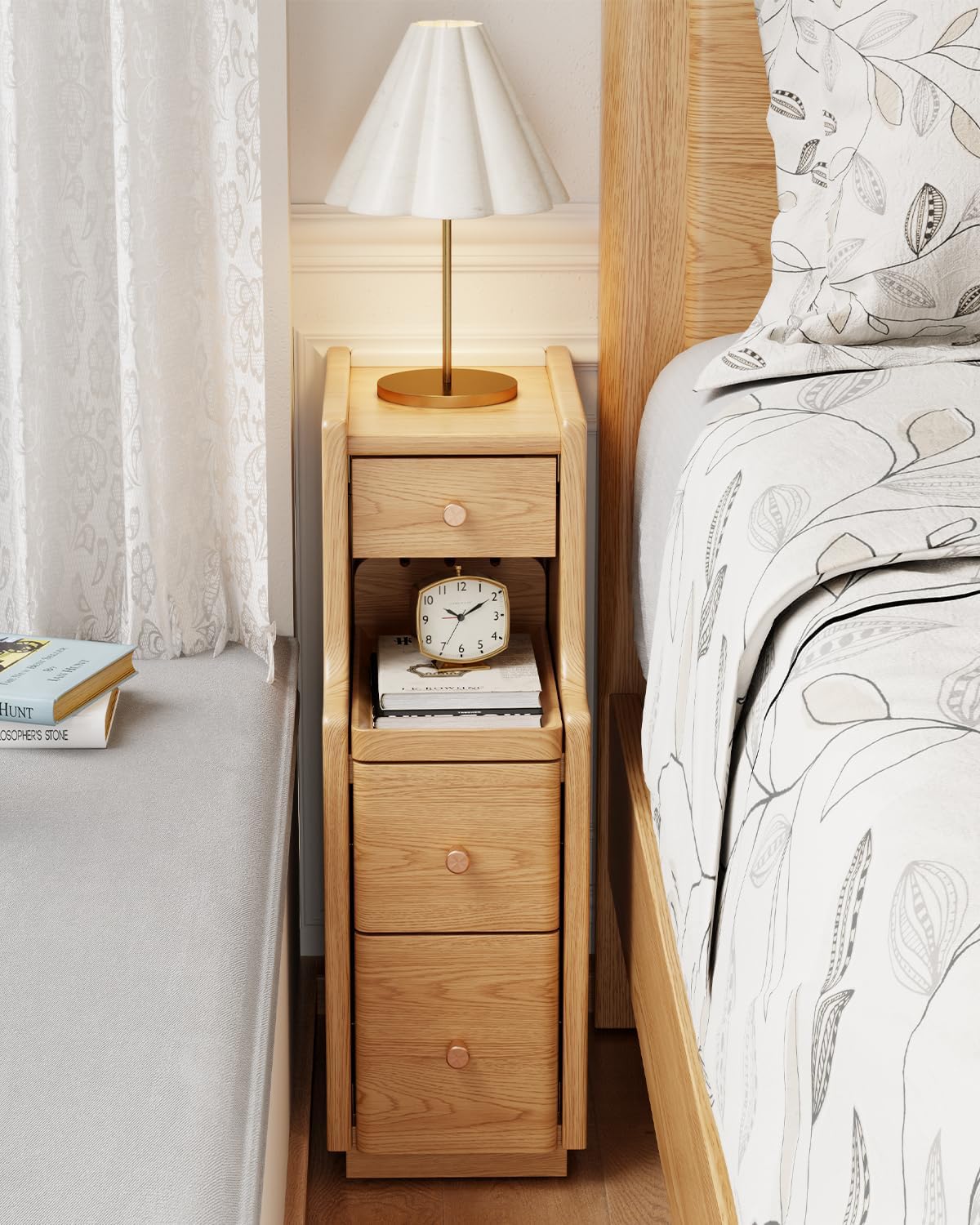7.87" Narrow Nightstand with 3 Drawers, Solid Wood Skinny Bedside Table, Fully Assembled Modern Slim Side Table for Indoor Small Spaces, Bedroom, Dorm, Natural