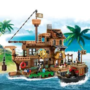 Mesiondy Pirate Island Pier Building Set 🏴‍☠️ – 573 PCS, 21.6" Long Pirate Dock & Boat Toy 🚢, Compatible with Major Brick Brands 🧩