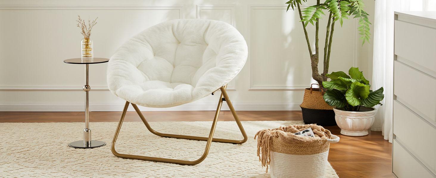 Cozy Saucer Chairs Faux Fur Living Room Reading Lounge Furniture Folding Comfy with Soft Thick Padded Seat Metal Frame Modern Style for Bedroom Home