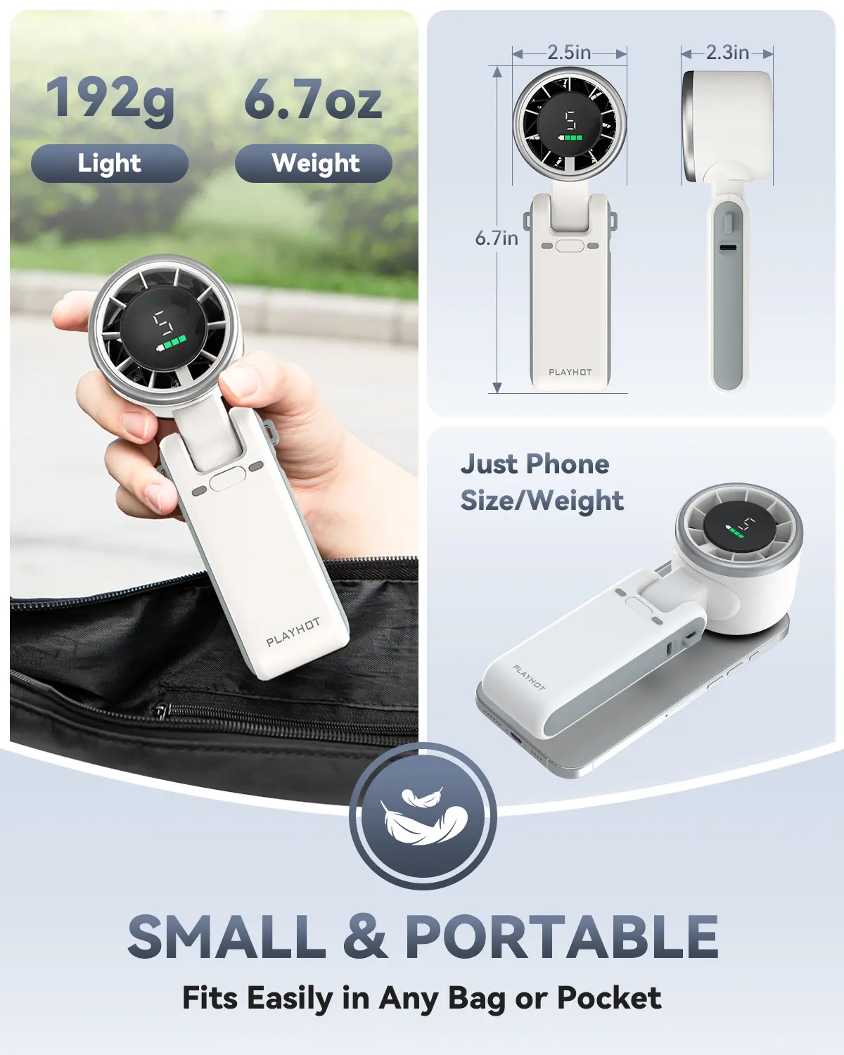 PLAYHOT N607 Portable Handheld Turbo Fan - 5 Speed, 4000mAh