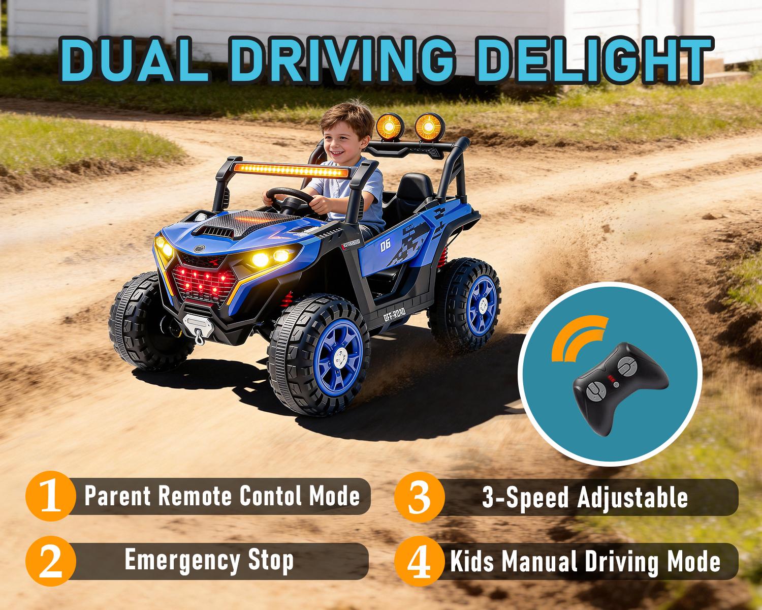 24V Kids Ride On UTV Car with Parent Remote Control,4x380W Motor,  4-Wheel Suspension, LED Headlights, Bluetooth Music, USB & Power Display,Electric Kids Car for Ages 3+ .Perfect    birthday  Gift for Boys & Girls!, Playdate, Emergency Stop
