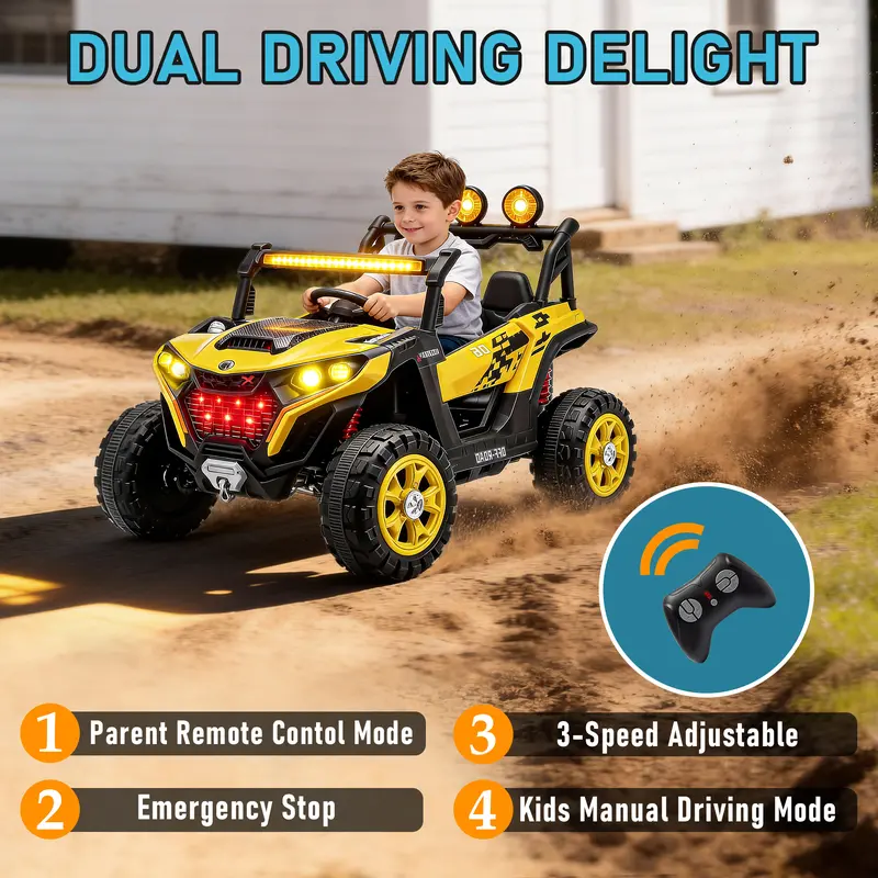 24V Kids Ride On UTV Car with Parent Remote Control,4x380W Motor, 4-Wheel Suspension, LED Headlights, Bluetooth Music, USB & Power Display,Electric Kids Car for Ages 3+ .Perfect birthday Gift for Boys & Girls!, Playdate, Emergency Stop