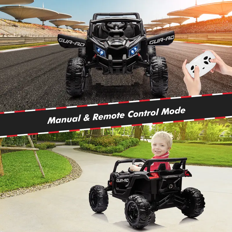 Kids' 24V Remote Control Ride-On UTV Car - Black, 200W Motors, LED Lights, USB Music, Spring Suspension, Metal Frame, Steering Wheel, EVA, 66 lbs, ASTM F963 Certified, Supports Children Development