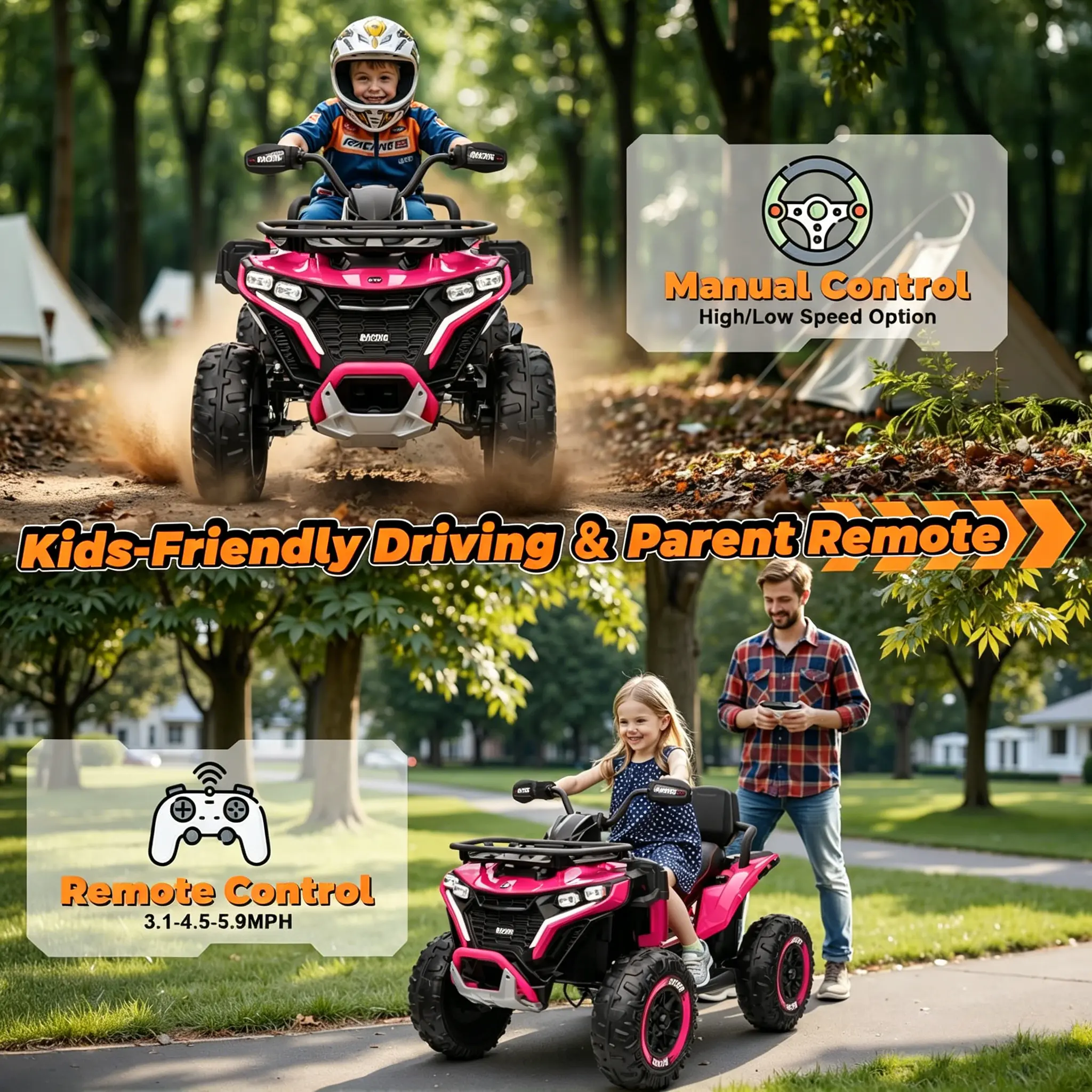 JOYRACER 24V Ride on ATV for Kids with Leather Seat & Bluetooth