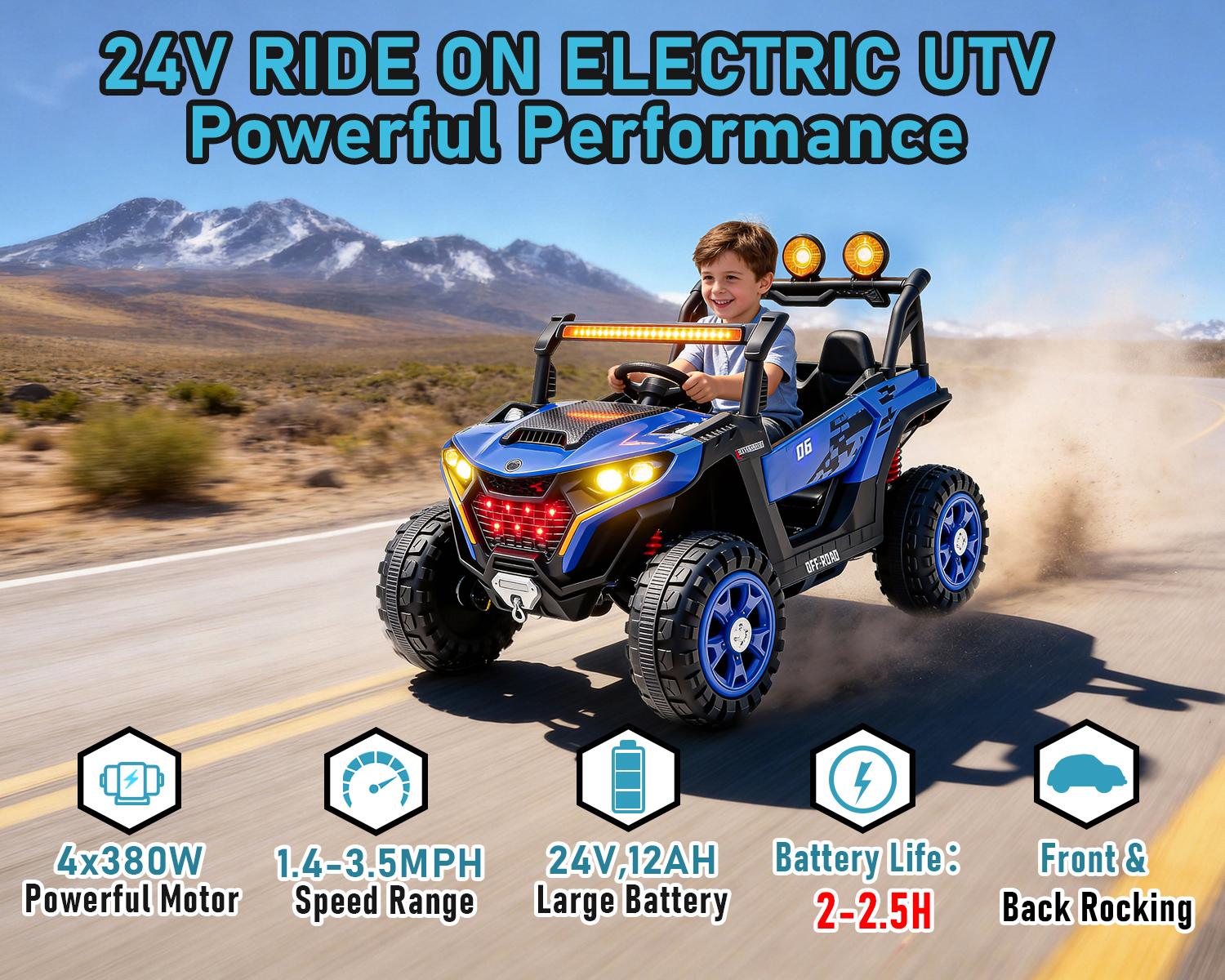 24V Kids Ride On UTV Car with Parent Remote Control,4x380W Motor,  4-Wheel Suspension, LED Headlights, Bluetooth Music, USB & Power Display,Electric Kids Car for Ages 3+ .Perfect    birthday  Gift for Boys & Girls!, Playdate, Emergency Stop
