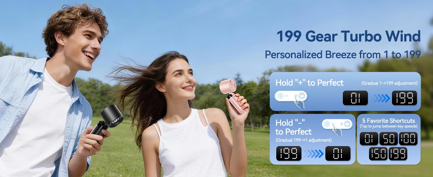 KIMMOO 4-in-1 Handheld Turbo Fan - Adjustable, Rechargeable Wind Cooling Mini Portable Fan with 199 Speed Settings, 21000 RPM High Speed, Digital Display, 120&deg; Rotatable, 12H Long-Lasting USB Charge for Travel, Office Desk Use, Adjustable Turbo Fan summer