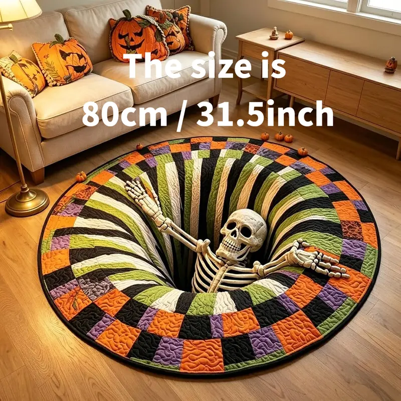 Halloween 3D Skeleton Vortex Quilted Illusion Round Rug , Soft Non-Slip Cool Rugs, Living Room Decor, Funky Unique Home Decor, Room Accessory for Indoor Entry & Bathroom, Spooky Depth Pattern