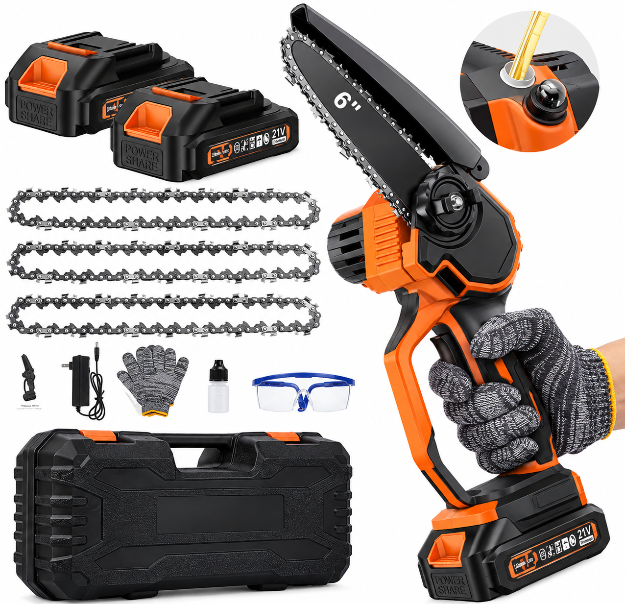 6-Inch Cordless Mini Chainsaw, Portable Handheld Electric Pruning Saw with Auto Oiler, Safety Lock & 2 Batteries for Tree Trimming, Gardening & Wood Cutting