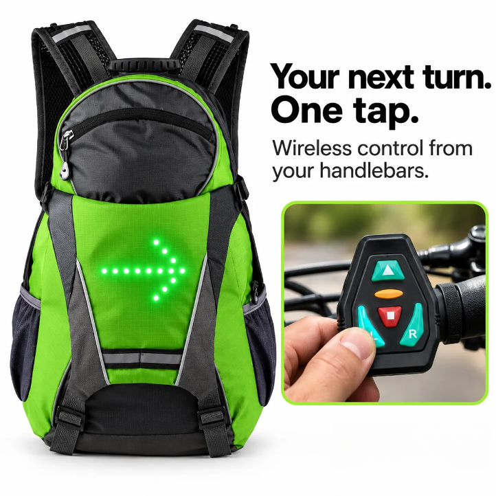 LED Turn Signal Backpack, Smart Cycling Backpack with Wireless Remote Control, USB Rechargeable Safety Light, Reflective Night Riding Bag for Bike Commuting