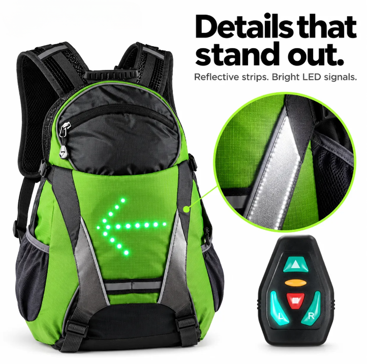 LED Turn Signal Backpack, Smart Cycling Backpack with Wireless Remote Control, USB Rechargeable Safety Light, Reflective Night Riding Bag for Bike Commuting