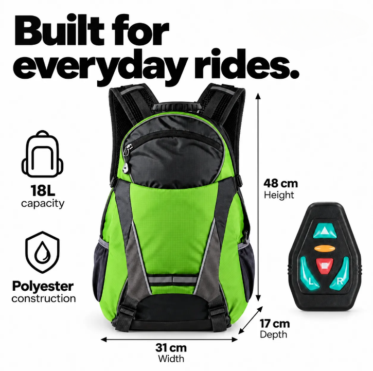 LED Turn Signal Backpack, Smart Cycling Backpack with Wireless Remote Control, USB Rechargeable Safety Light, Reflective Night Riding Bag for Bike Commuting