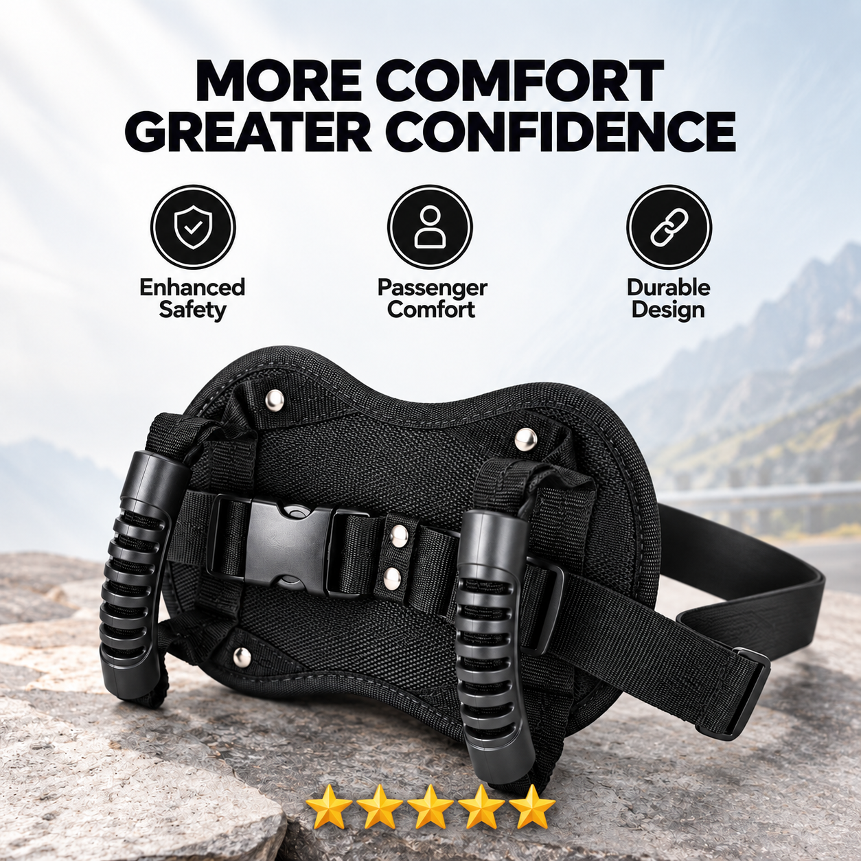 Motorcycle Passenger Safety Belt, Padded Rear Seat Grab Handle with Non-Slip Grips, Adjustable Straps for Comfortable Two-Up Riding