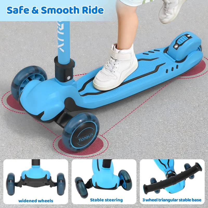 Kids Scooter for Ages 3-12 with Multi-Gear Handlebar Adjustment, Light Up Wheels, Lean-To-Steer Design & Widen Anti-Slip Deck