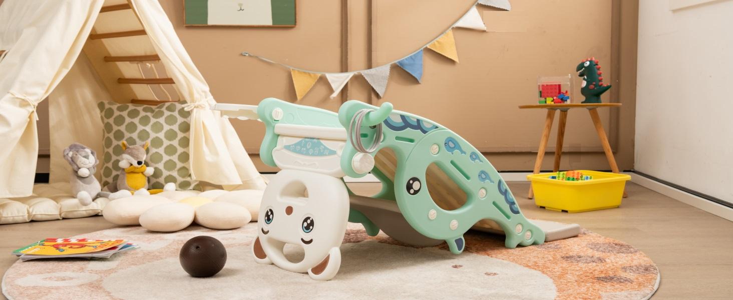 Costzon Toddler Slide Rocking Toy with Basketball Hoop, Rocking Horse,  Foldable Climber Rocking slide playset for Both Indoors Outdoor Use, mothersdaygift