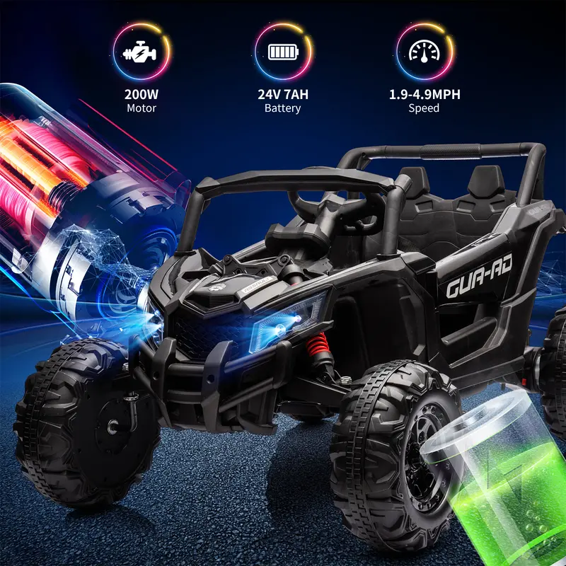 Kids' 24V Remote Control Ride-On UTV Car - Black, 200W Motors, LED Lights, USB Music, Spring Suspension, Metal Frame, Steering Wheel, EVA, 66 lbs, ASTM F963 Certified, Supports Children Development