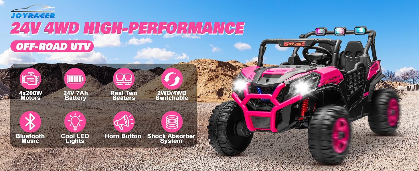 JOYRACER 4WD 24V Ride on Toys UTV with 2 XL Seaters, 4*200W Motor Kid Electric Power Car Wheels with Remote Control, LED Lights, Spring Suspension, 3 Speeds, Bluetooth Music, Electric Car for Big Kids, Perfect Gift for Boys and Girls Aged 3-8