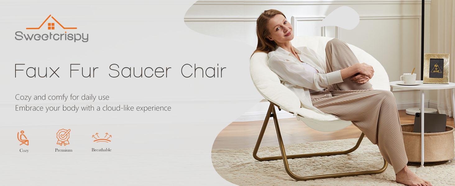 Cozy Saucer Chairs Faux Fur Living Room Reading Lounge Furniture Folding Comfy with Soft Thick Padded Seat Metal Frame Modern Style for Bedroom Home