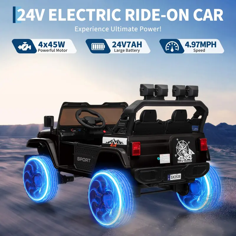 Gaomon 24V 4WD 2-Seater Ride On Car for Big Kids - Remote Control Electric Vehicle with 4WD Stability, Adjustable Footwell, 3 Speeds, LED Lights, Bluetooth Connectivity