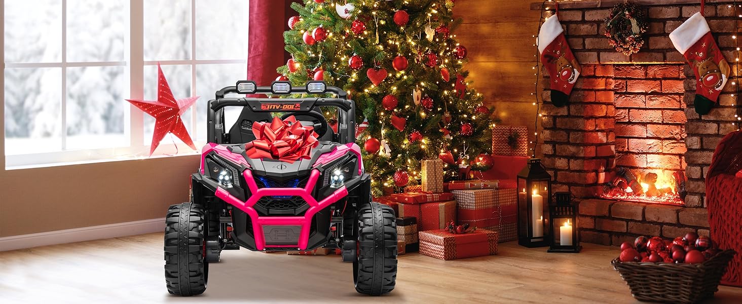 JOYRACER 4WD 24V Ride on Toys UTV with 2 XL Seaters, 4*200W Motor Kid Electric Power Car Wheels with Remote Control, LED Lights, Spring Suspension, 3 Speeds, Bluetooth Music, Electric Car for Big Kids, Perfect Gift for Boys and Girls Aged 3-8