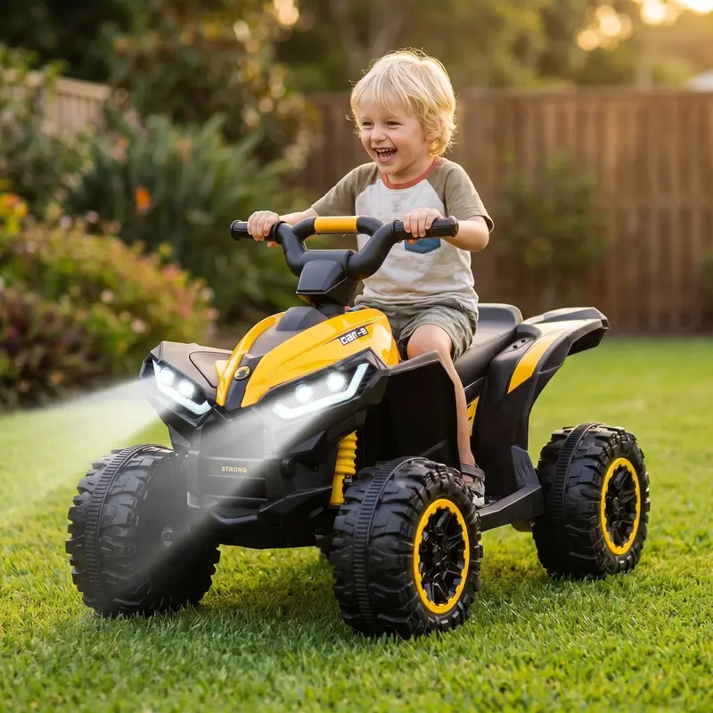 12V Quad ATV 4 Wheeler with Music and LED Lights, available in Multiple Colors, designed for young riders with fun features and vibrant color options