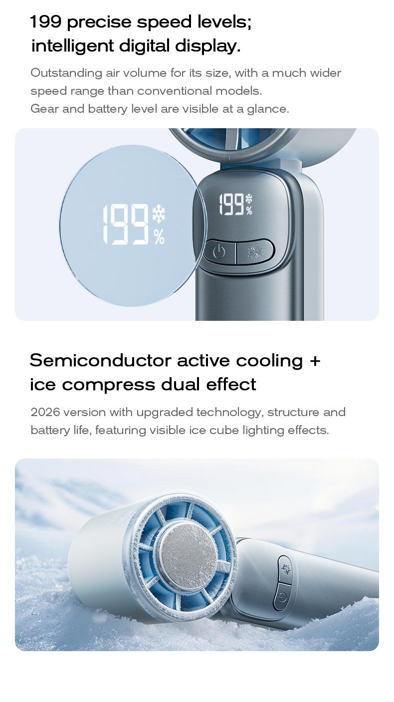 New-MAGIC JOHN Mini Handheld Cooling Fan – 199-Speed Precision Control, Ice-Cooling Function, LED Display, Pocket-Size Portable Fan for Travel, Summer, Concerts & Commuting