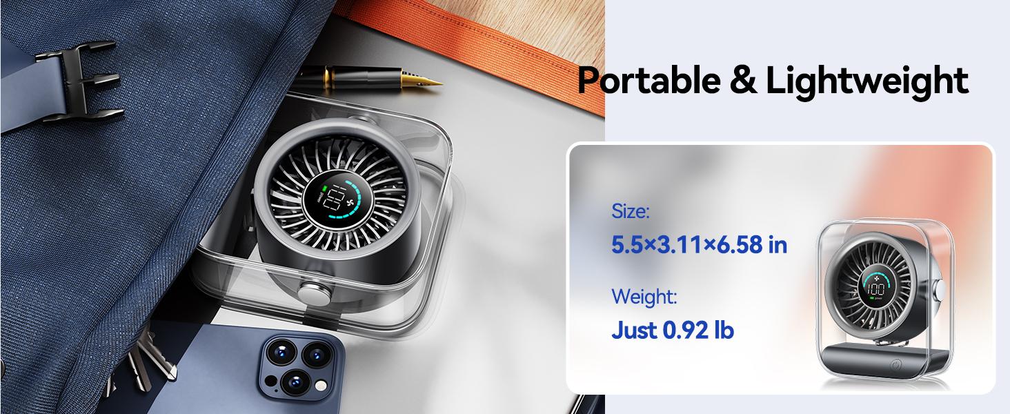 KIMMOO Rechargeable USB Desk Fan, Quiet Table Fan with Turbo Airflow, 100 Speeds, Digital Display, 90° Rotating, Small Battery Desktop Fans for Bedroom Home Office Travel, Black
