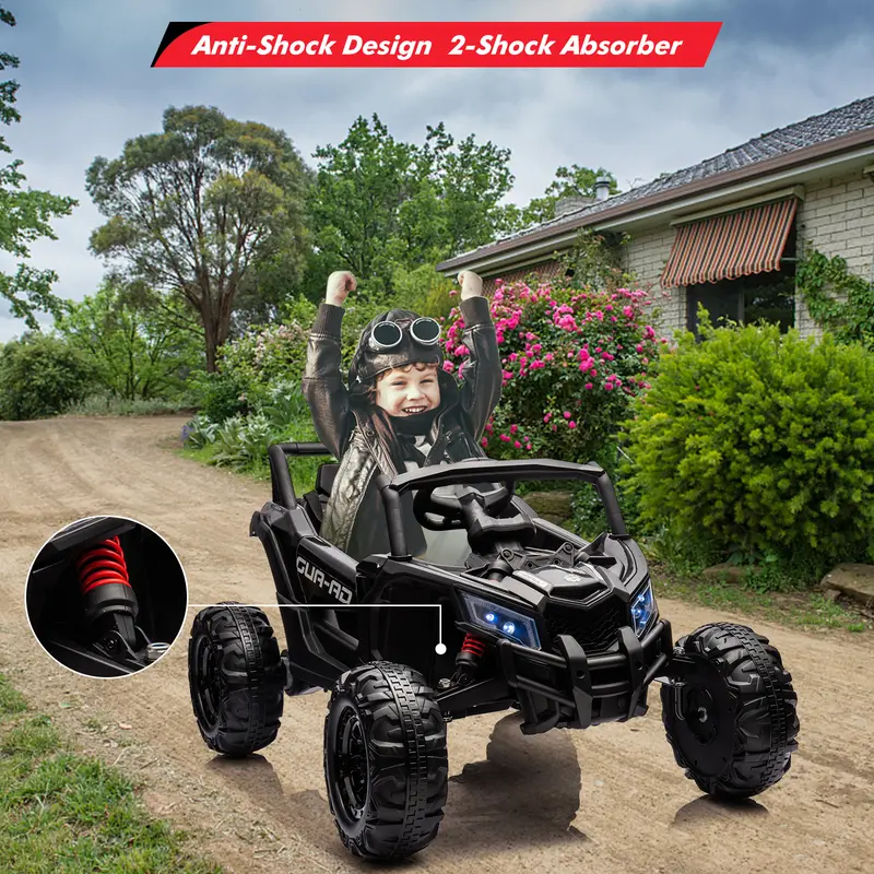 Kids' 24V Remote Control Ride-On UTV Car - Black, 200W Motors, LED Lights, USB Music, Spring Suspension, Metal Frame, Steering Wheel, EVA, 66 lbs, ASTM F963 Certified, Supports Children Development