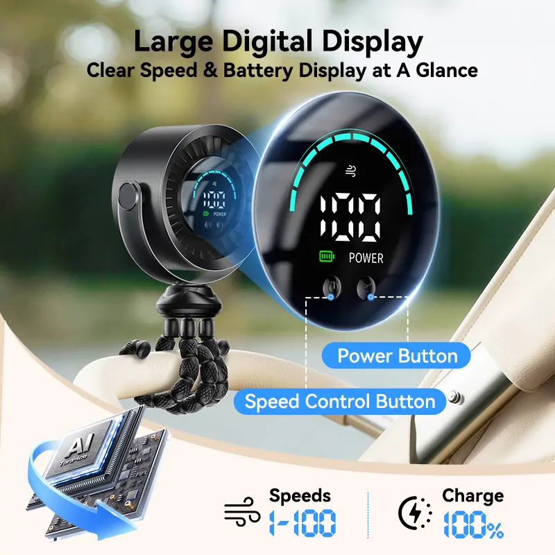 KIMMOO Portable Stroller Fan 3-in-1 Rechargeable with 100 Speeds