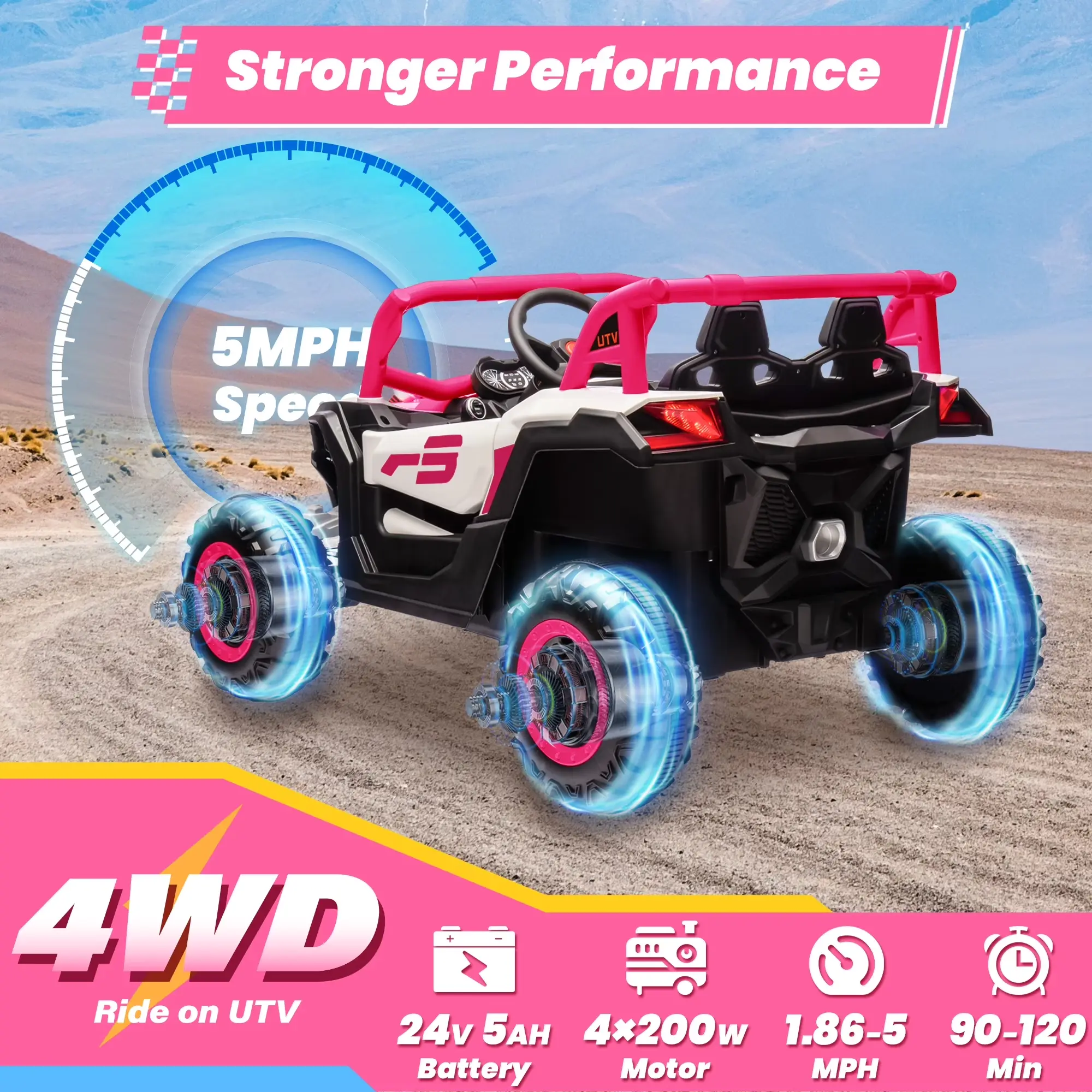 Joyracer 24V 4WD Ride-On UTV for Kids with Remote, Bluetooth, Lights