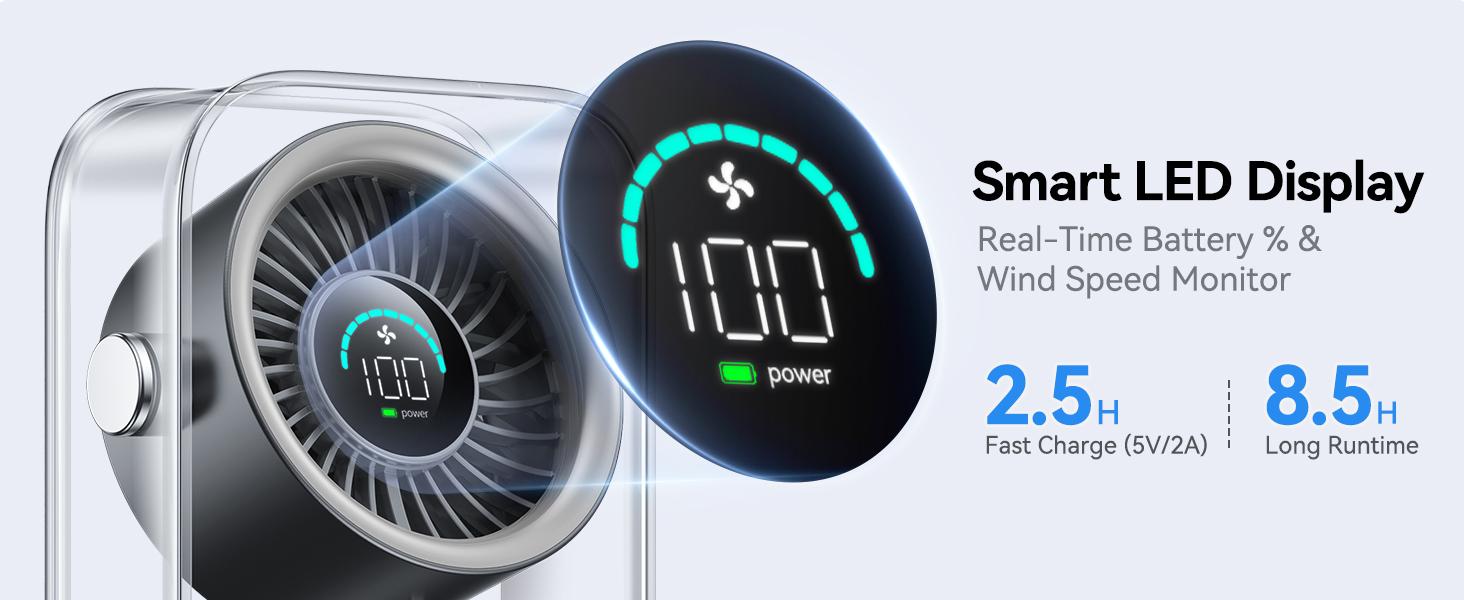KIMMOO Rechargeable USB Desk Fan, Quiet Table Fan with Turbo Airflow, 100 Speeds, Digital Display, 90° Rotating, Small Battery Desktop Fans for Bedroom Home Office Travel, Black