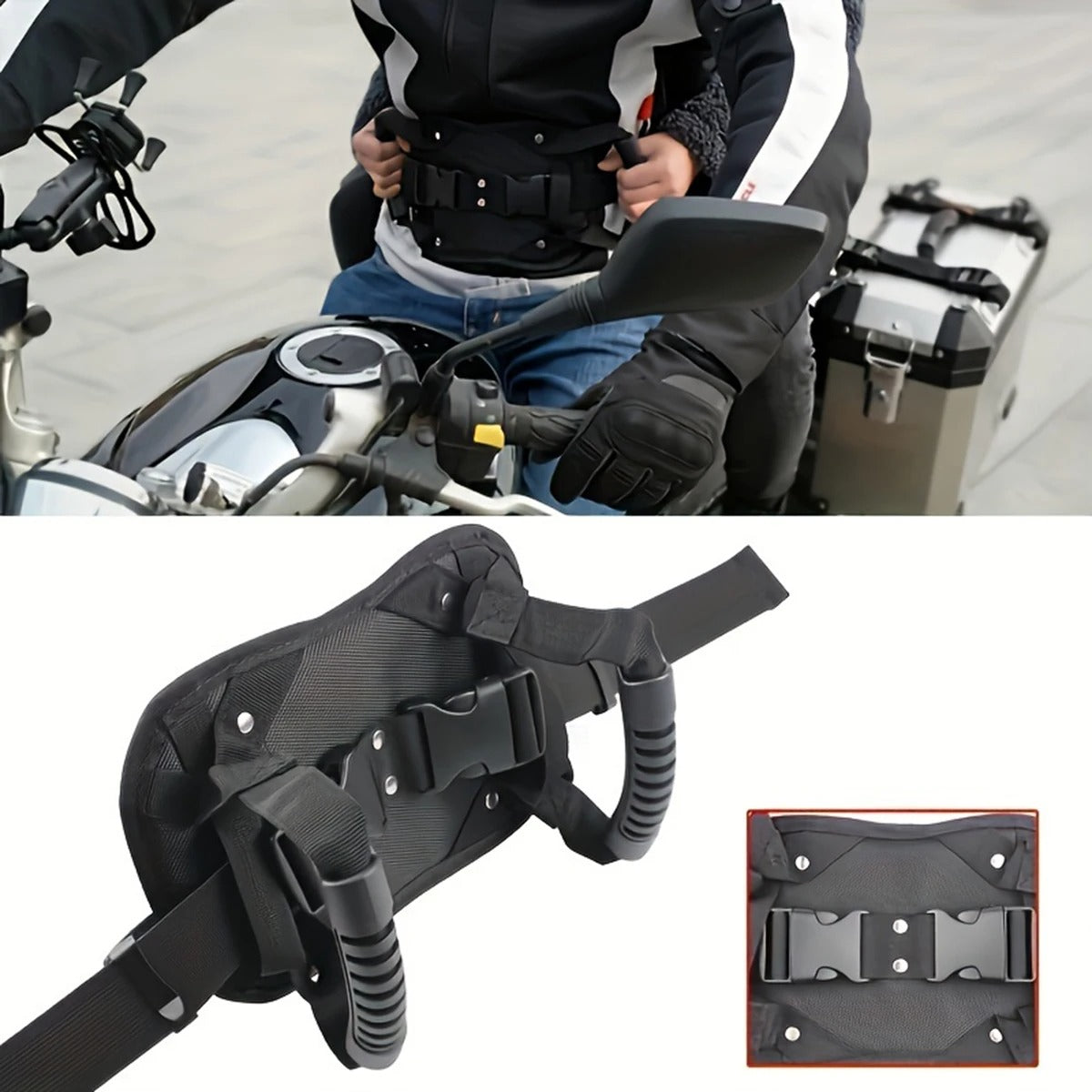 Motorcycle Passenger Safety Belt, Padded Rear Seat Grab Handle with Non-Slip Grips, Adjustable Straps for Comfortable Two-Up Riding