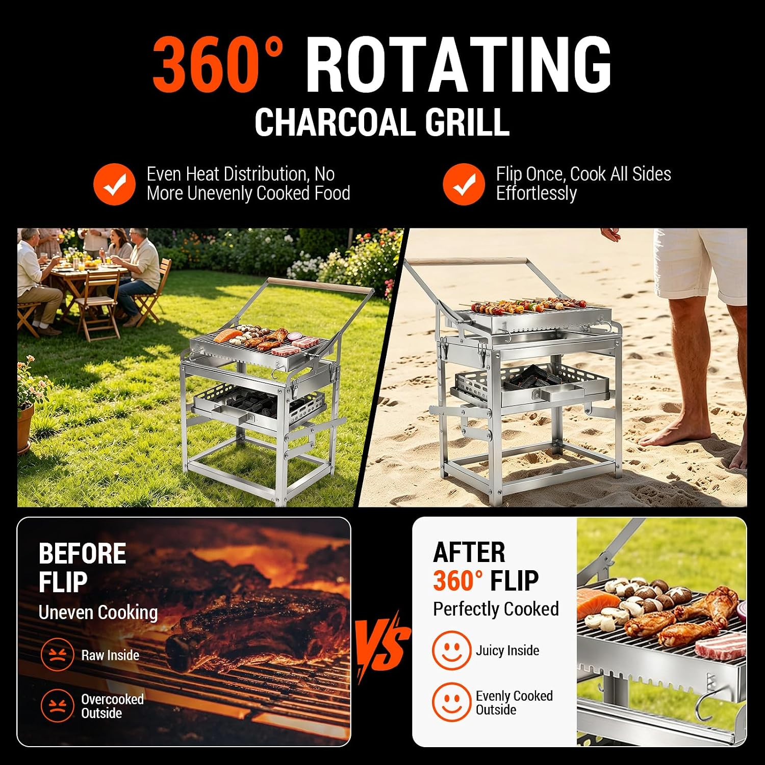 Flip Charcoal Grill, 360° Rotatable Multi Function Outdoor BBQ Grill