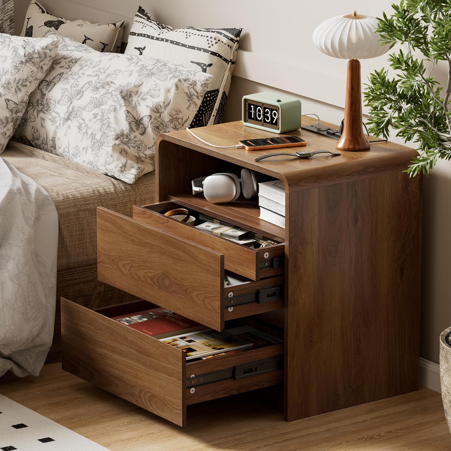 Modern Walnut Nightstand – Hidden Drawer, Charging Station & Soft-Close Storage