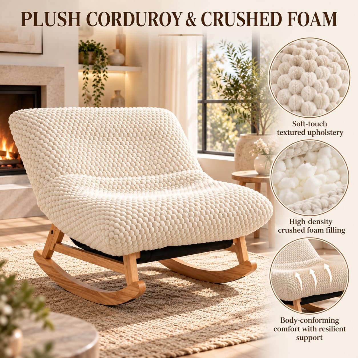 Oversized rocking lounge chair with a soft contoured cushion, supportive backrest and curved wood base.