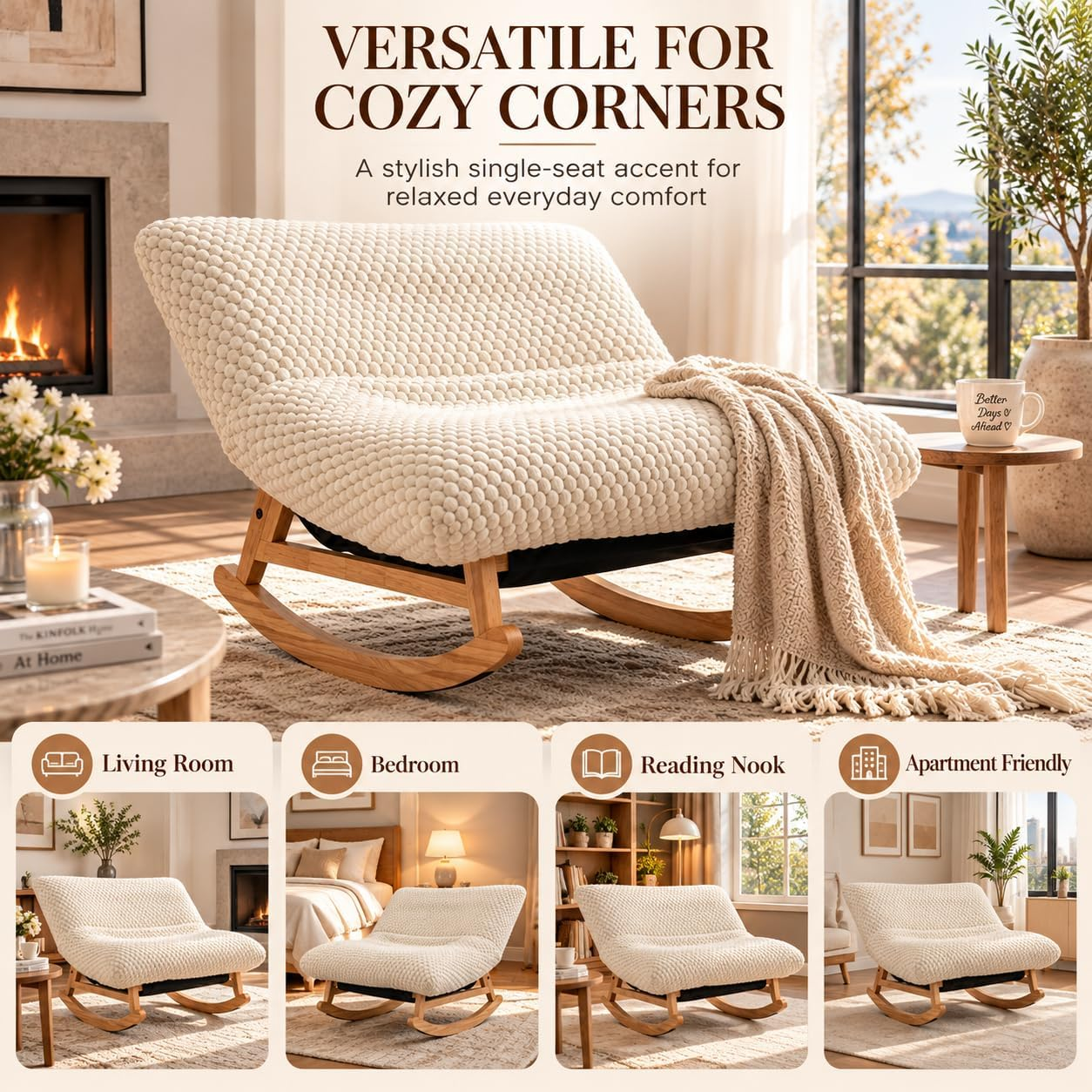 Oversized rocking lounge chair with a soft contoured cushion, supportive backrest and curved wood base.
