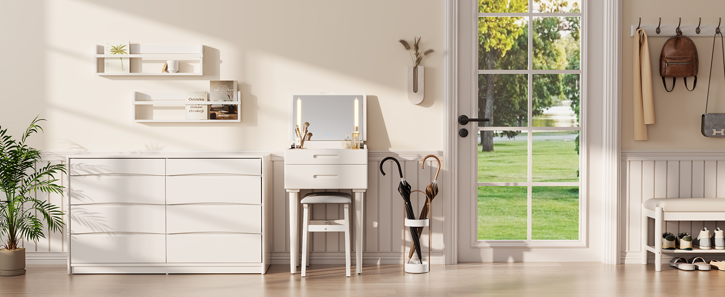 bright tidy entryway vanity desk set beside large wooden cabinet