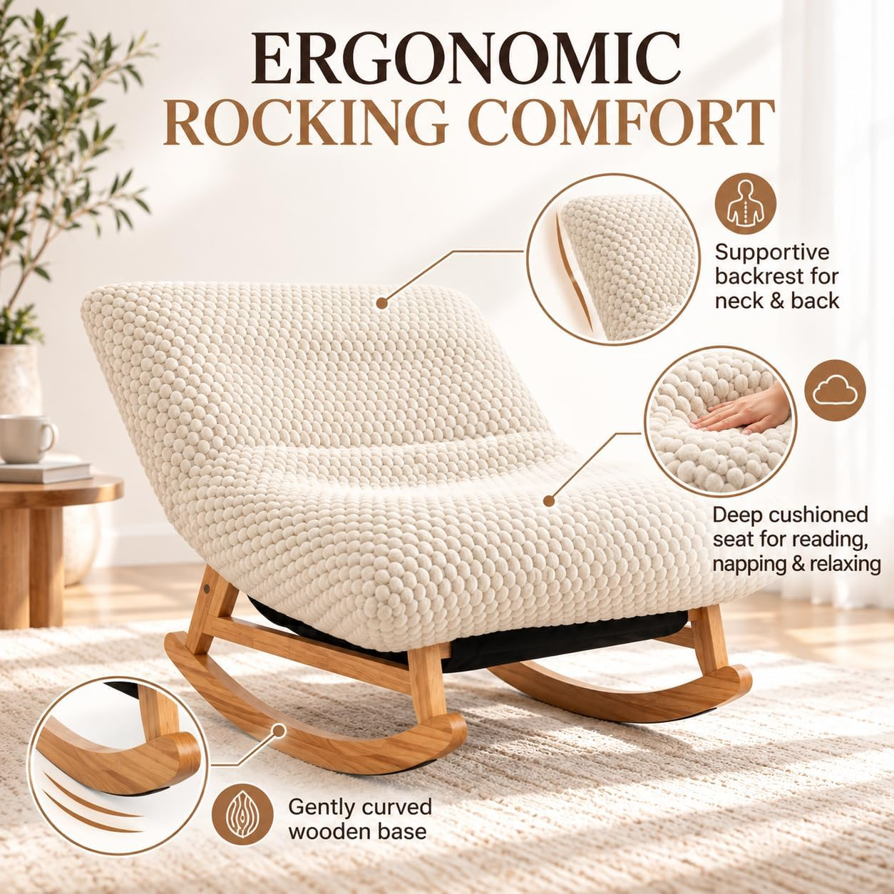Oversized rocking lounge chair with a soft contoured cushion, supportive backrest and curved wood base.