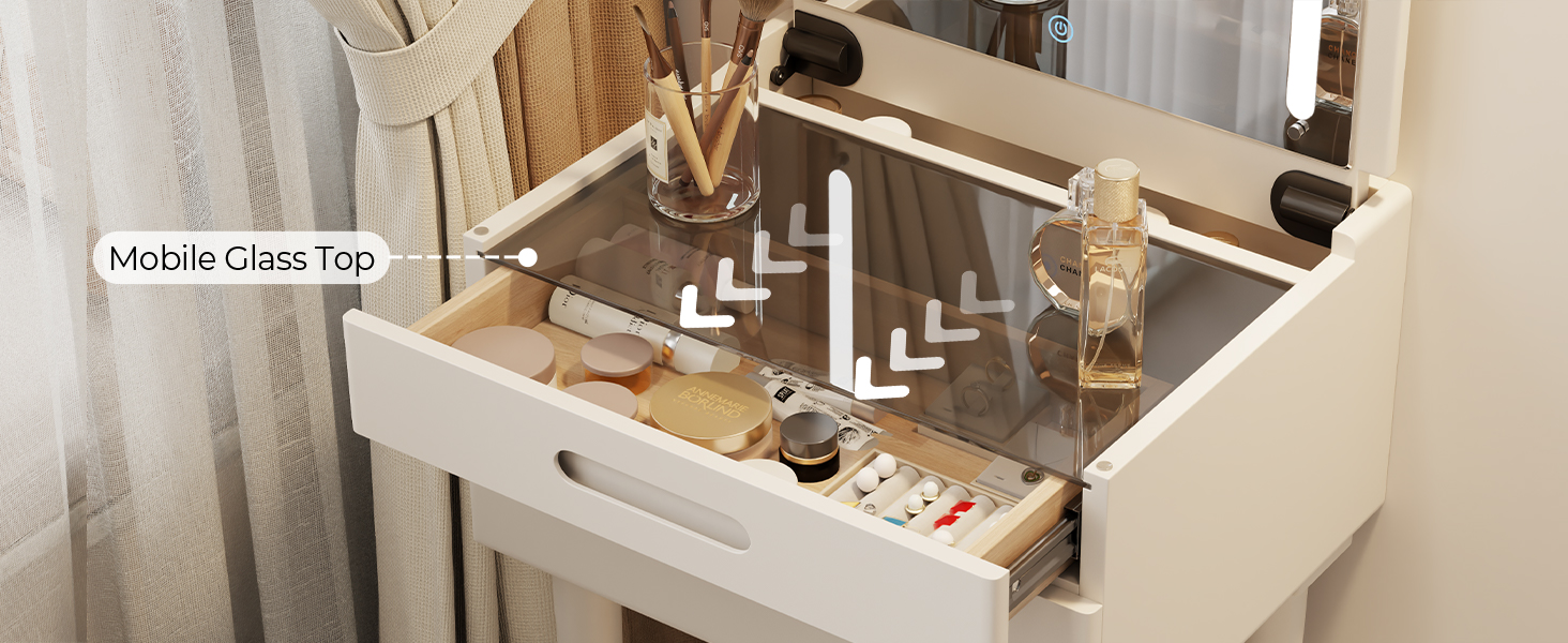 vanity table with mobile clear glass top for drawer organization combine functionality modern design