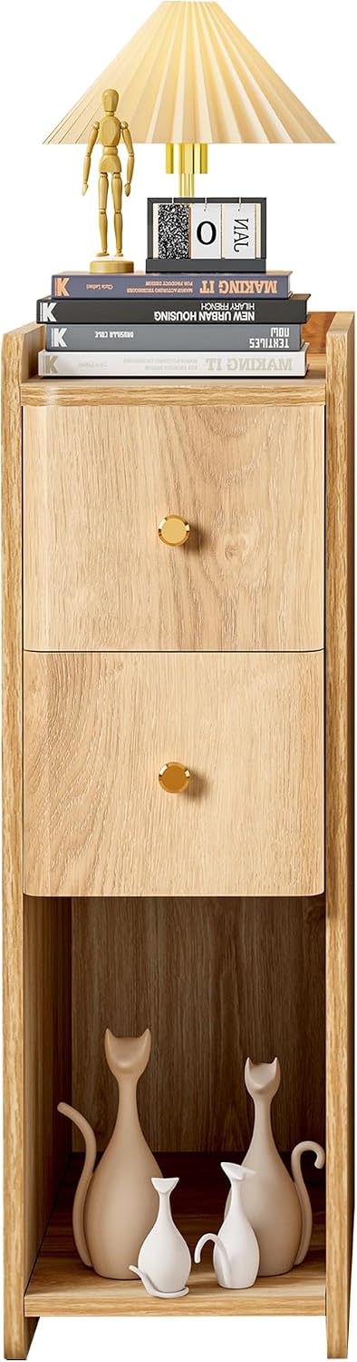 Narrow Nightstand Set of 2, Wooden Small 2 Drawer Nightstand, Slim Side End Table, Skinny Bedside Table, Mid Century Modern Night Stand with Drawers for Bedroom (Walnut-2 pcs)