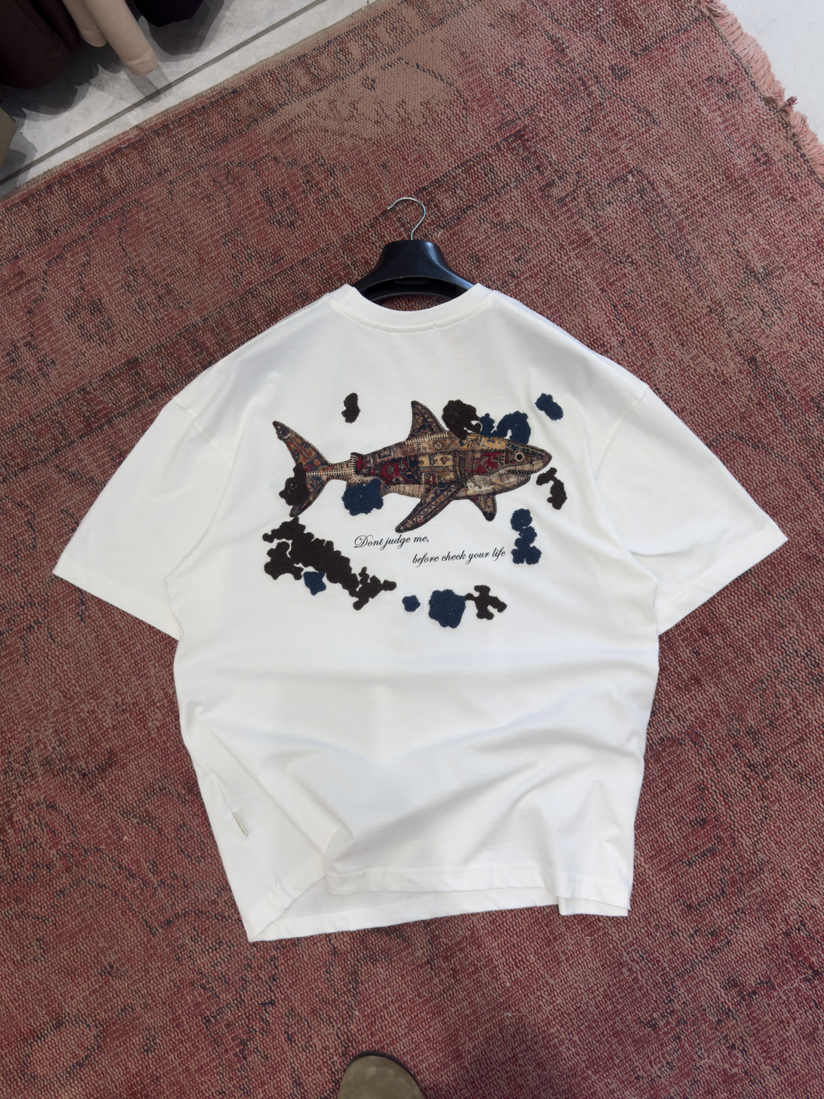 Oversized T-shirt with white shark graphic paneling