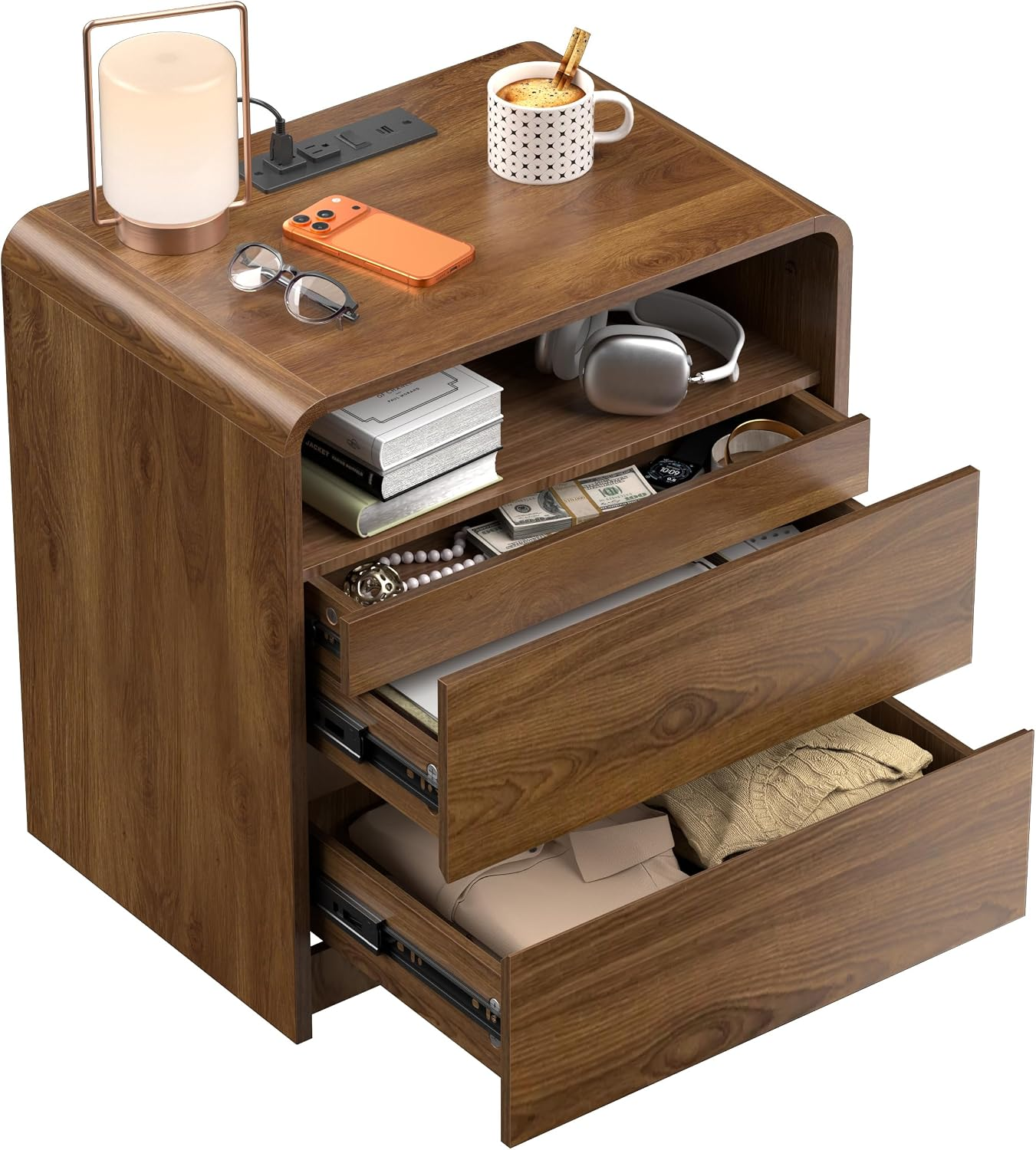 Modern Walnut Nightstand – Hidden Drawer, Charging Station & Soft-Close Storage