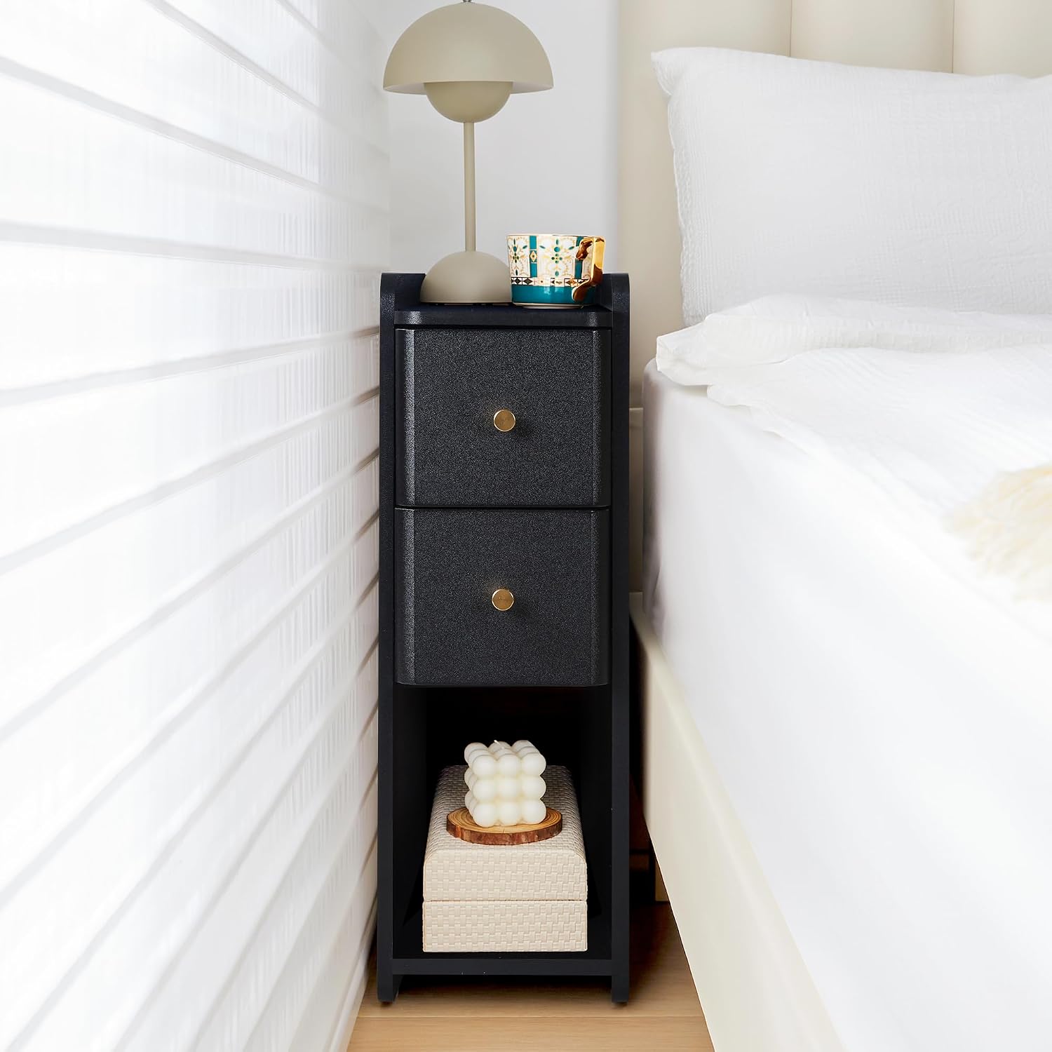 Narrow Nightstand Set of 2, Wooden Small 2 Drawer Nightstand, Slim Side End Table, Skinny Bedside Table, Mid Century Modern Night Stand with Drawers for Bedroom (Walnut-2 pcs)