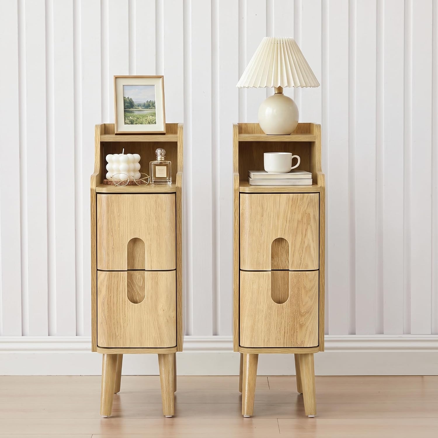 Narrow Nightstand Set of 2, Wooden Small 2 Drawer Nightstand, Slim Side End Table, Skinny Bedside Table, Mid Century Modern Night Stand with Drawers for Bedroom (Walnut-2 pcs)
