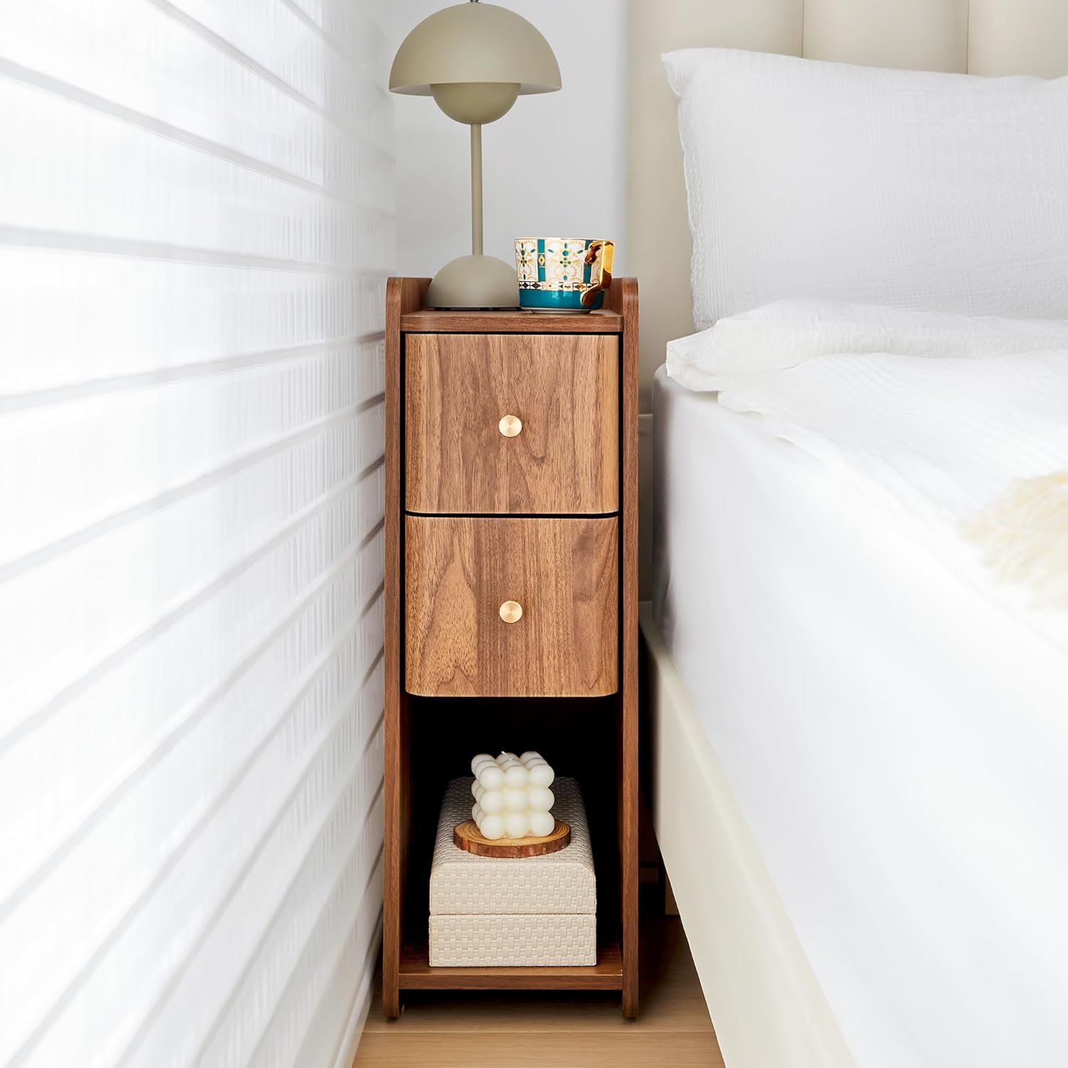 Narrow Nightstand Set of 2, Wooden Small 2 Drawer Nightstand, Slim Side End Table, Skinny Bedside Table, Mid Century Modern Night Stand with Drawers for Bedroom (Walnut-2 pcs)