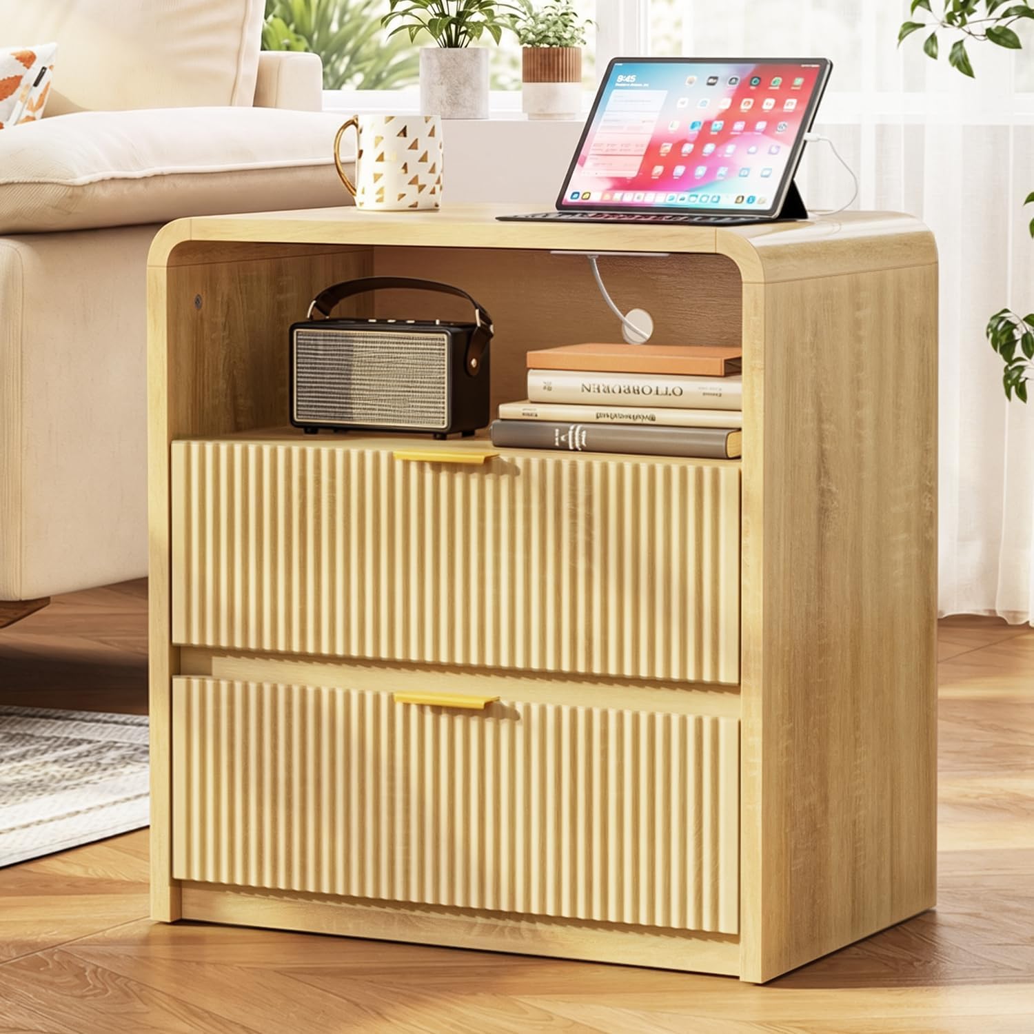 STREETRICH 25" Tall Fluted Nightstands Set of 2, Nightstand w/Charging Station | 23.6" Wide Wood Bedside Table with 2 Storage Drawers & USB/Type-C Ports, Curved Corners & Metal Handle for Bedroom, Natural