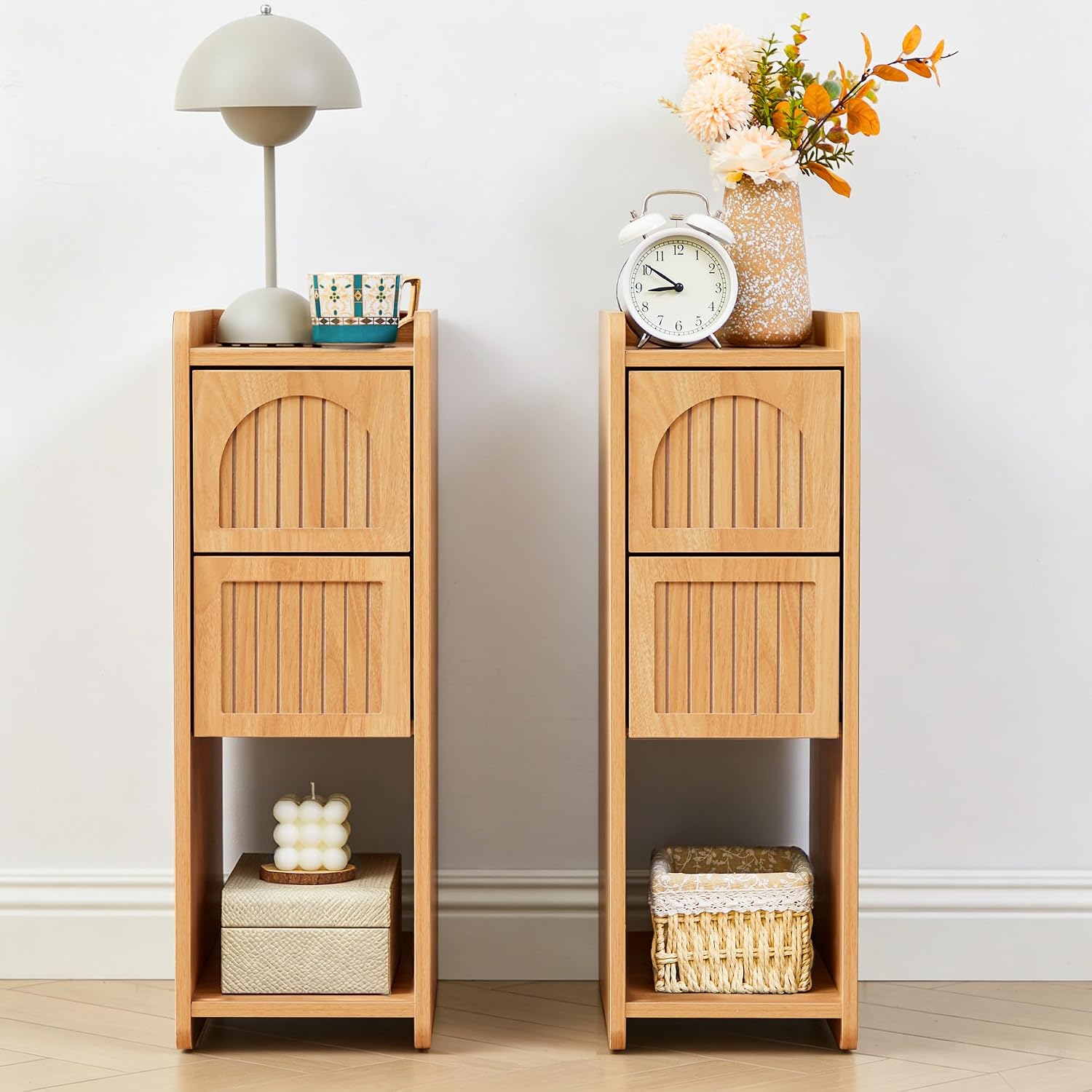 Narrow Nightstand Set of 2, Wooden Small 2 Drawer Nightstand, Slim Side End Table, Skinny Bedside Table, Mid Century Modern Night Stand with Drawers for Bedroom (Walnut-2 pcs)