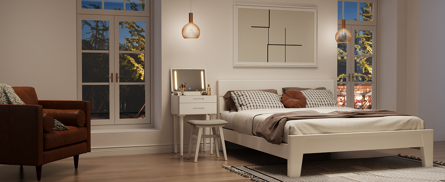 nighttime bedroom with armchair near window vanity desk set beside bed serve as aesthetic addition